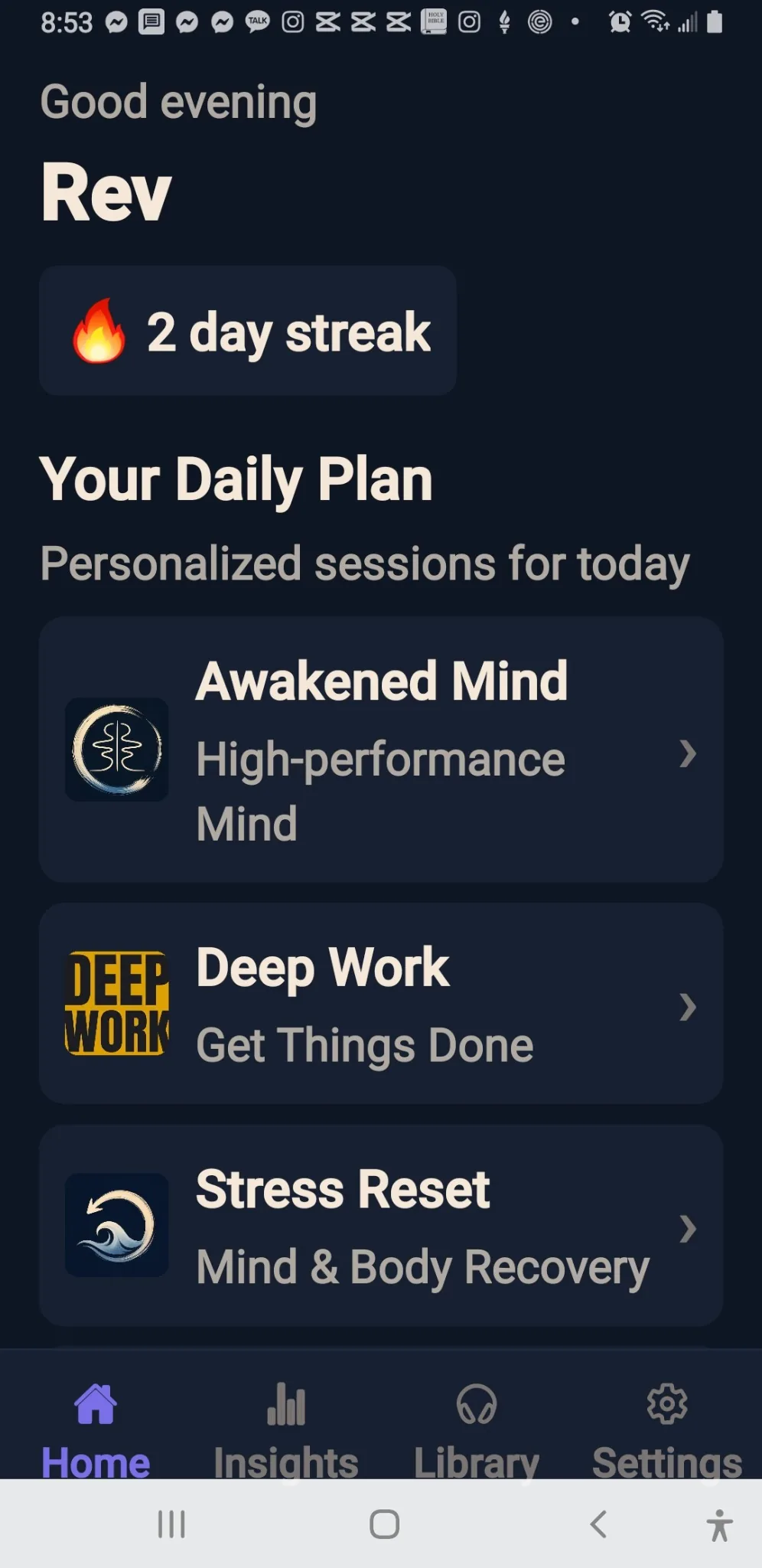 Awakened Mind app home screen showing daily audio programs